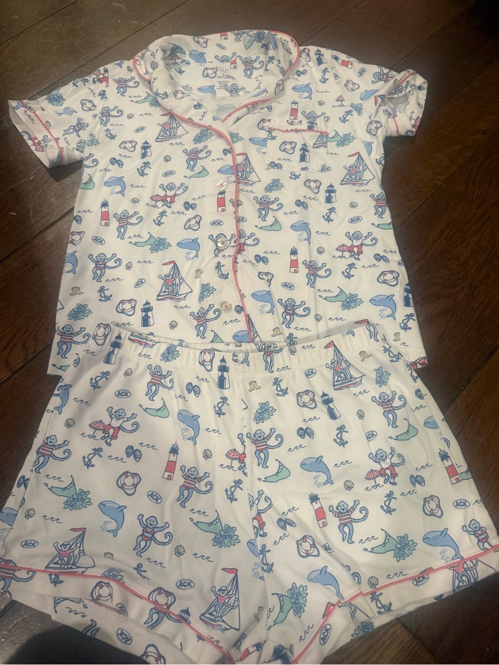 ACK Roller Rabbit Women’s Short Pajama Set - White with Blue & Pink Accents
